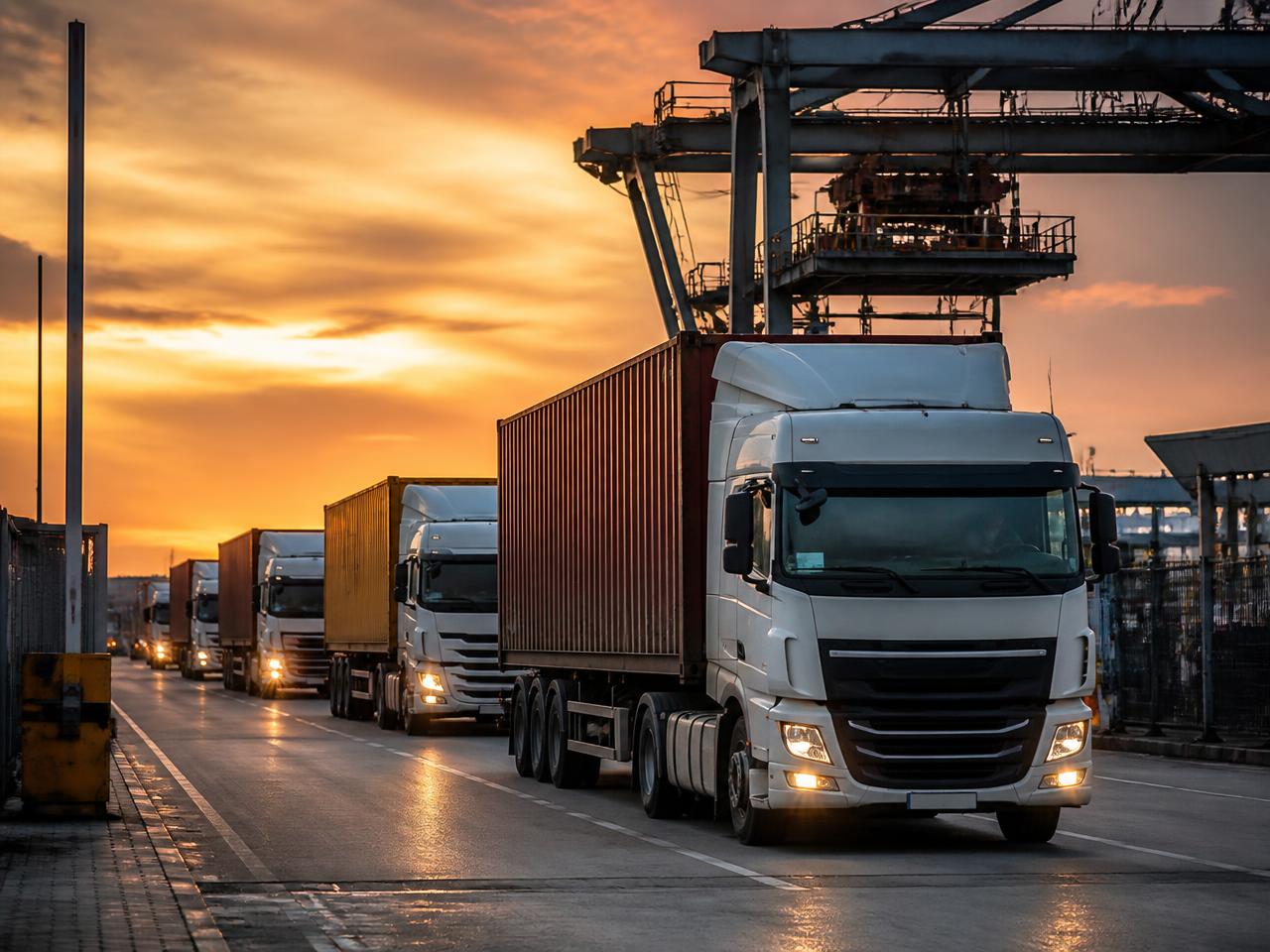 Truck convoy leaving the port gate