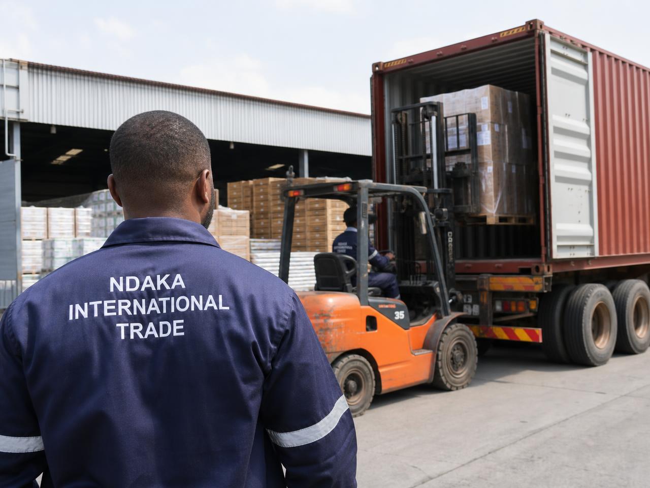Ndaka crew loading goods into a freight truck at the depot